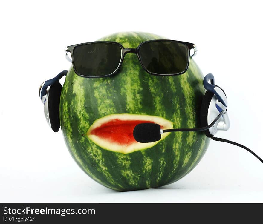 Head-like watermelon in  headphone and eyeglasses