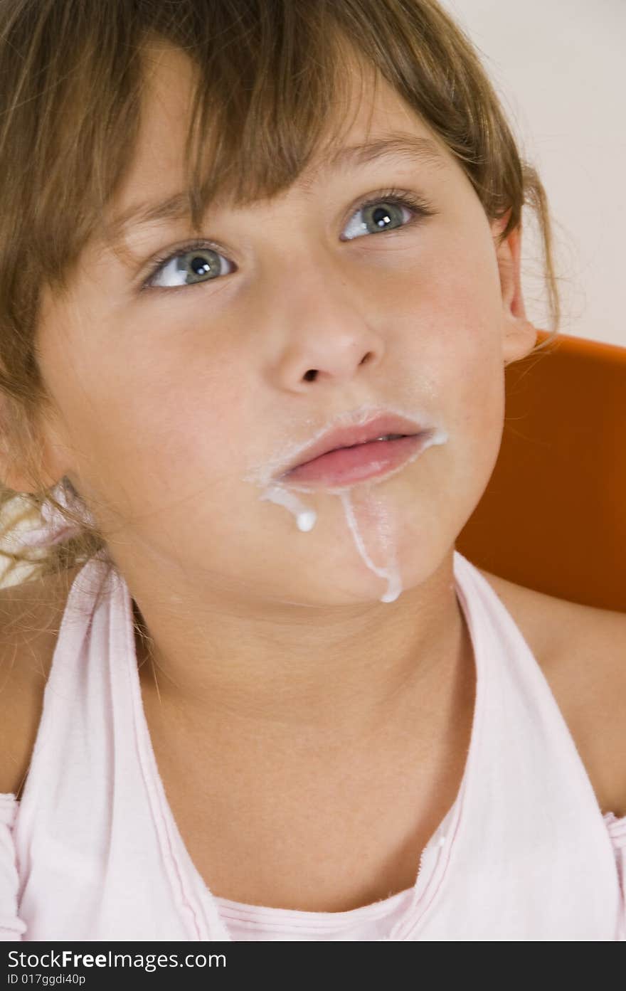 Little Girl With Milk Mustache  Looking Upward