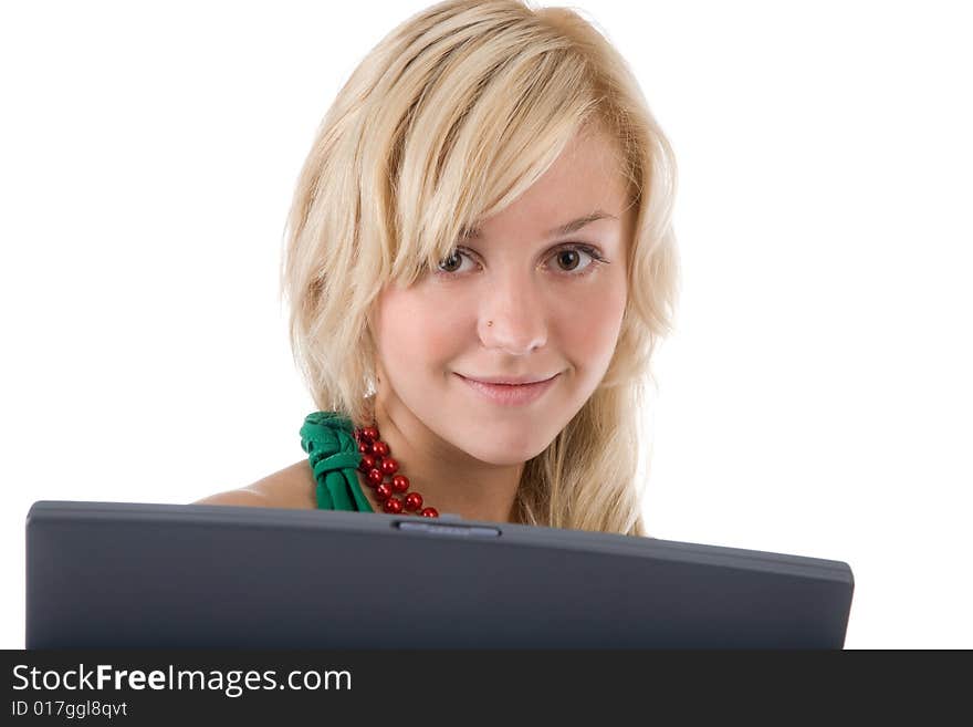 Cute young woman with laptop on the white. Cute young woman with laptop on the white