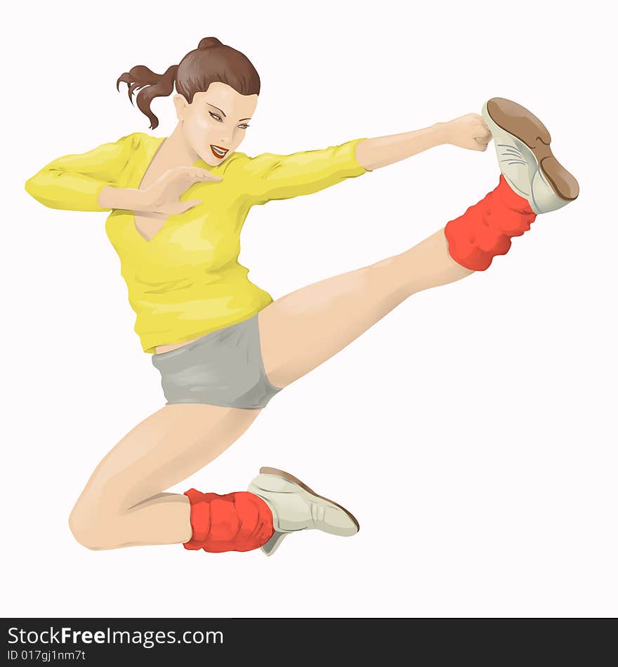 Martial, woman kicking something and jumping. Martial, woman kicking something and jumping