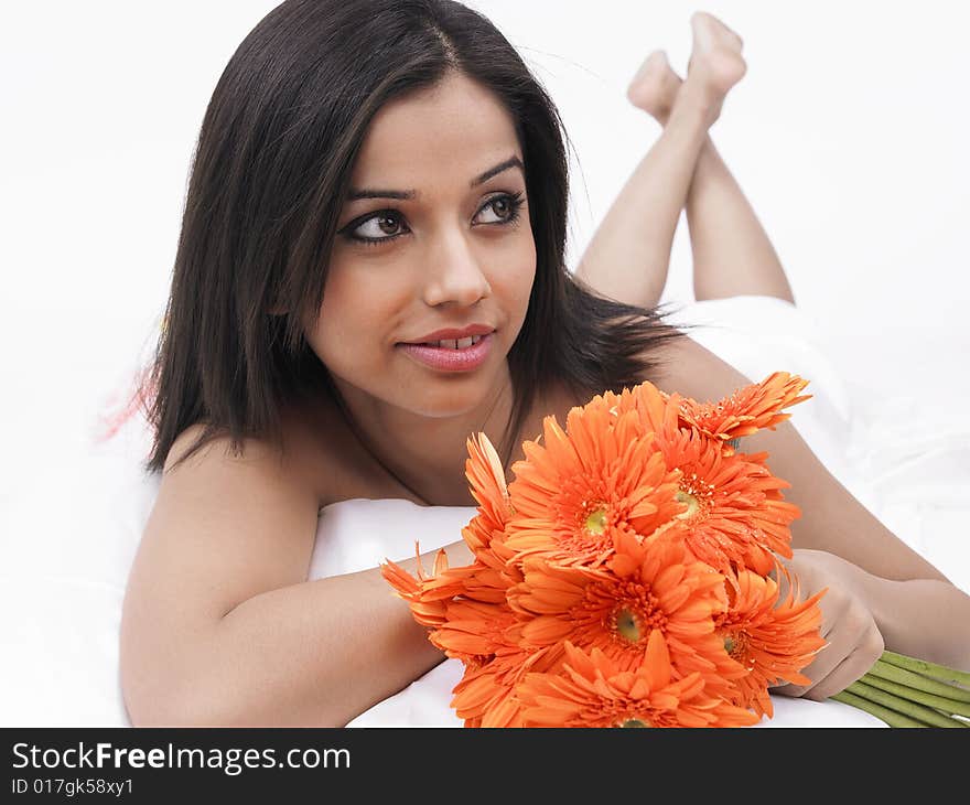 Woman with a bunch of gerbera