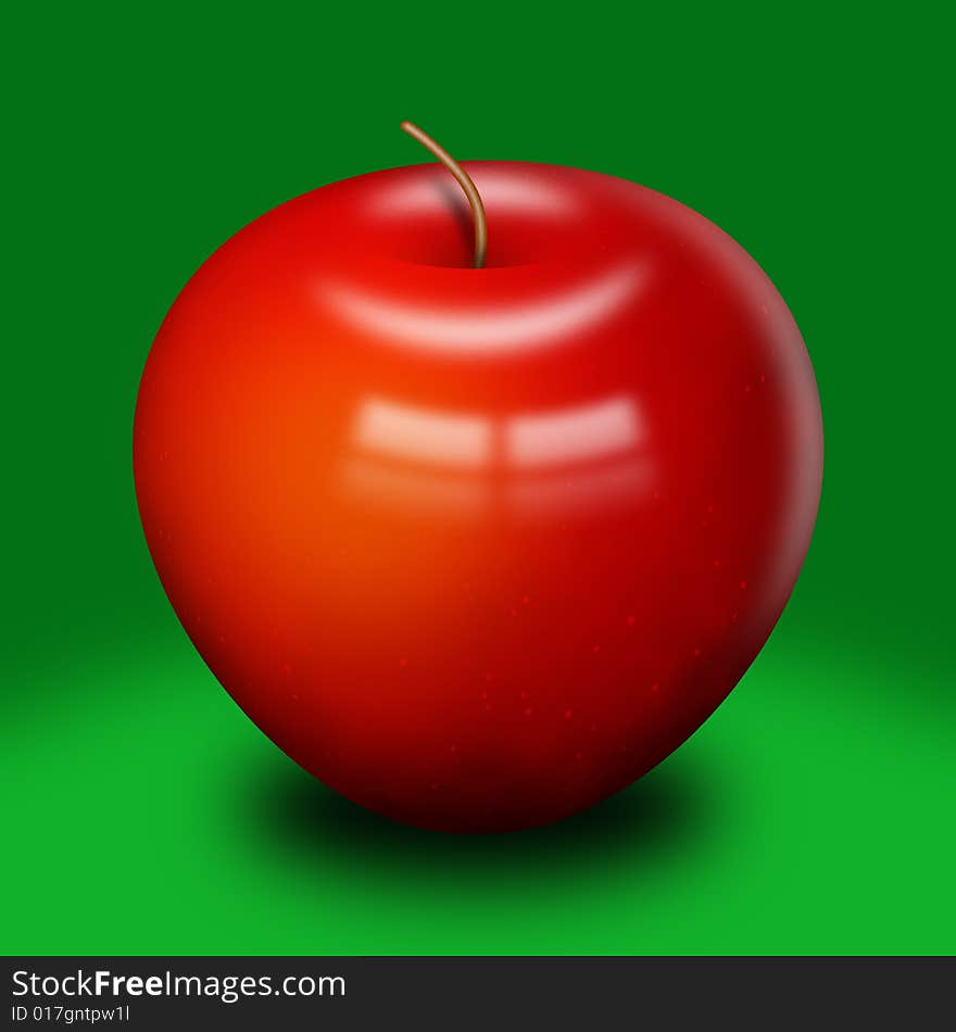 A computer llustration of a shinny red apple, on a green background. A computer llustration of a shinny red apple, on a green background.