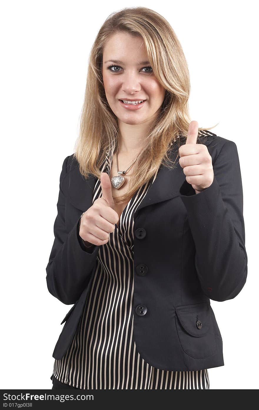 Beautiful blonde businesswoman wearing office clothes showing ok sign with her hands. Isolated on white background