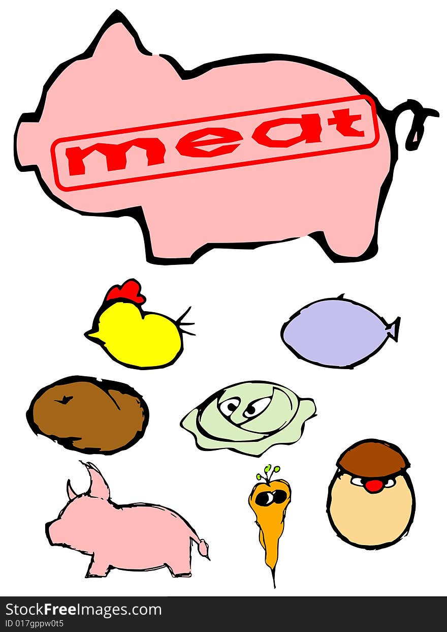 Strange and funny icons for a foodstuff. Pork, beef, fish, a chicken, cabbage, carrots, a mushroom. Strange and funny icons for a foodstuff. Pork, beef, fish, a chicken, cabbage, carrots, a mushroom.