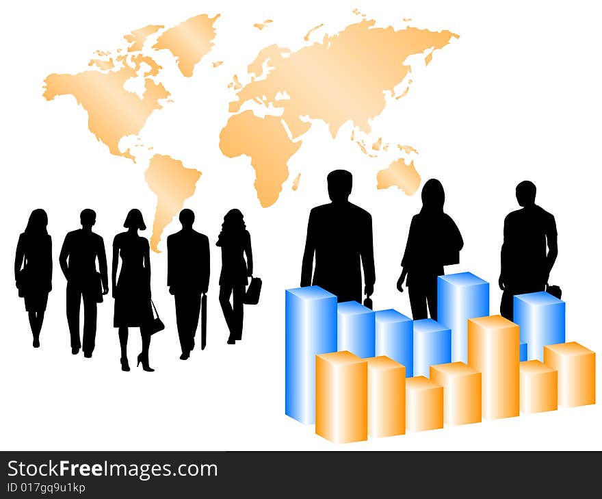 Illustration of people, graph and map