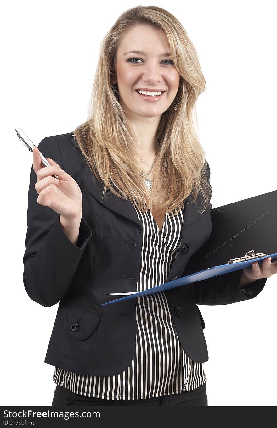 Beautiful happy blonde businesswoman wearing office clothes holding clipboard and pen. Isolated on white background. Beautiful happy blonde businesswoman wearing office clothes holding clipboard and pen. Isolated on white background