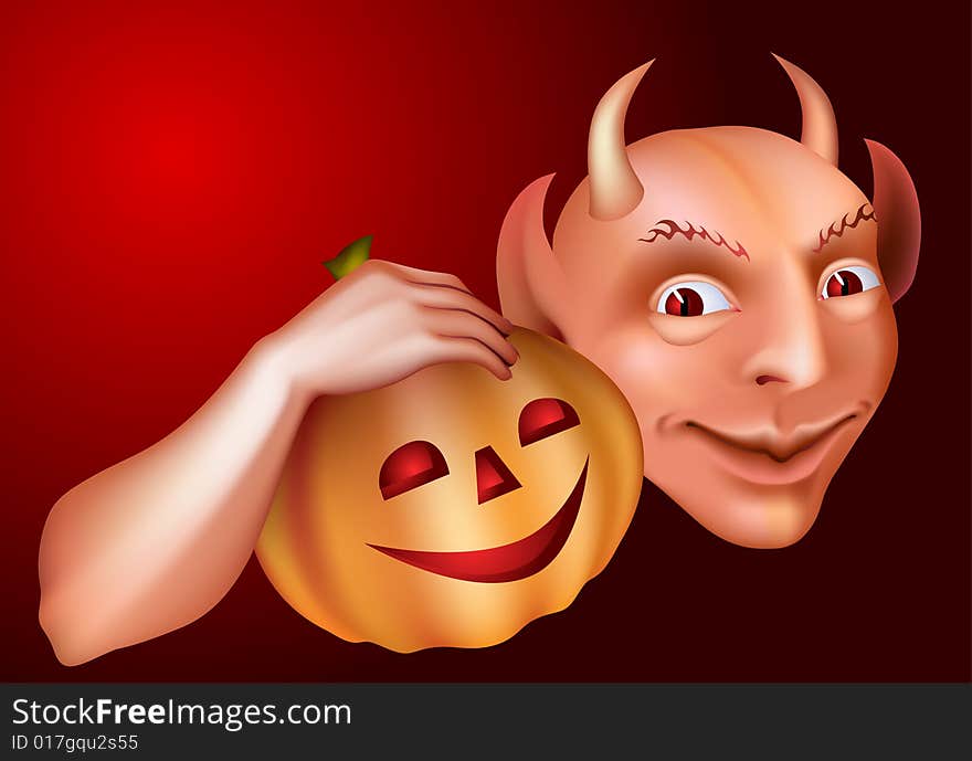 Devil smiling with pumpkin in hand. Devil smiling with pumpkin in hand