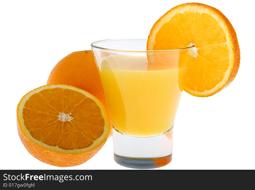 Orange juice with fresh oranges isolated against a white background