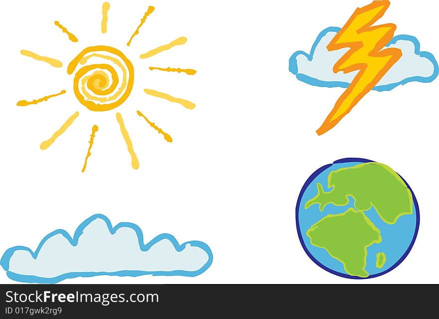 Shiny weather icons - Sunshine, cloud, lightening and globe  for your weather based designs.