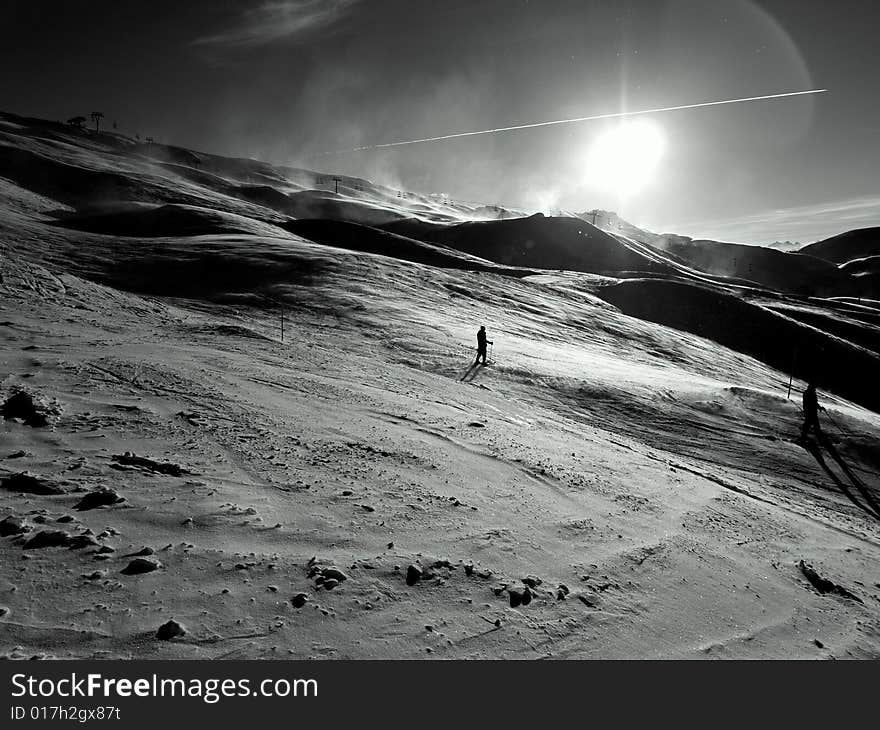 Skiing at sunset in Switzerland, Hochibrig. Skiing at sunset in Switzerland, Hochibrig