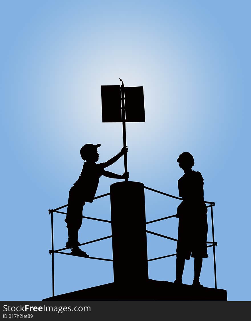 Silouette of two boys standing on a landmark holding a sign set against a radial gradient blue background. Silouette of two boys standing on a landmark holding a sign set against a radial gradient blue background