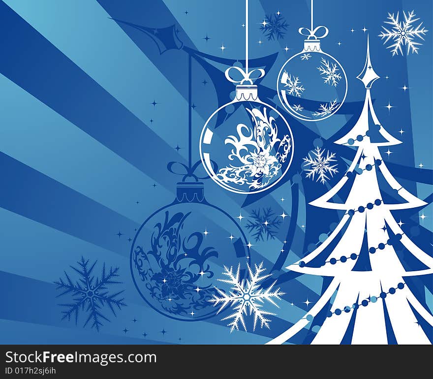 Christmas background with sphere and tree, element for design, vector illustration