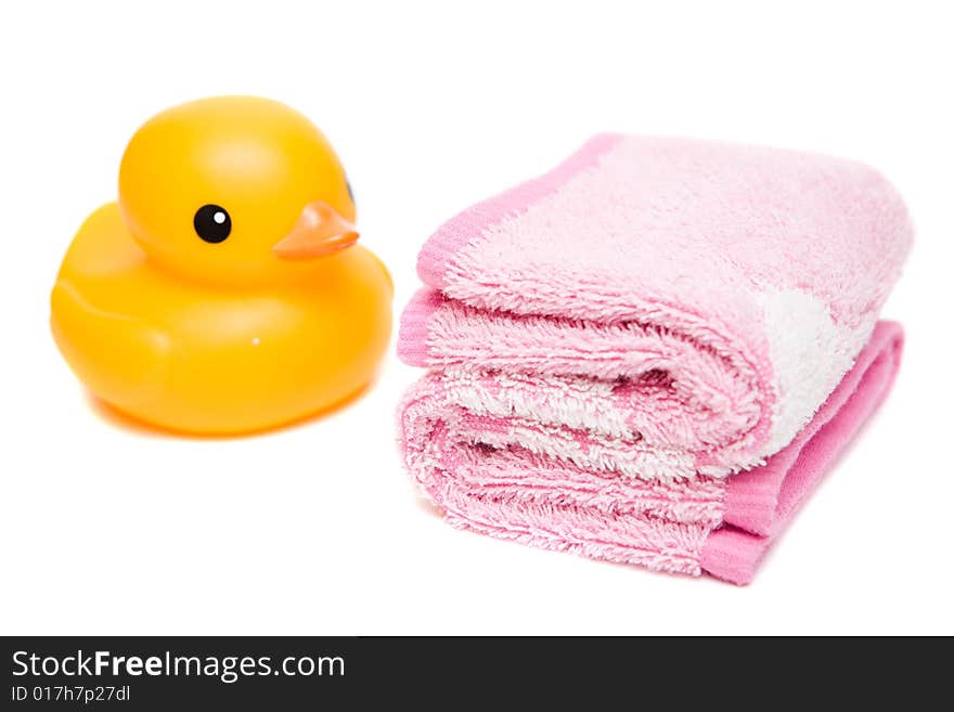 Pink towel isolated on white background