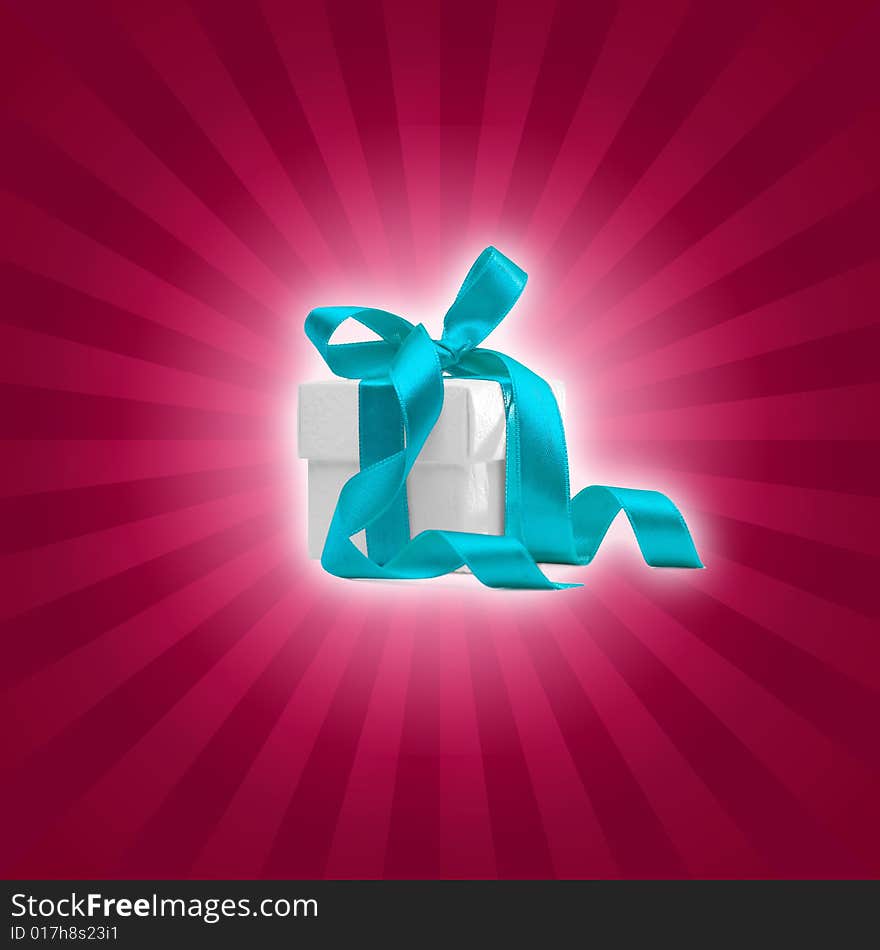 Present box with blue ribbon and magenta background. Present box with blue ribbon and magenta background