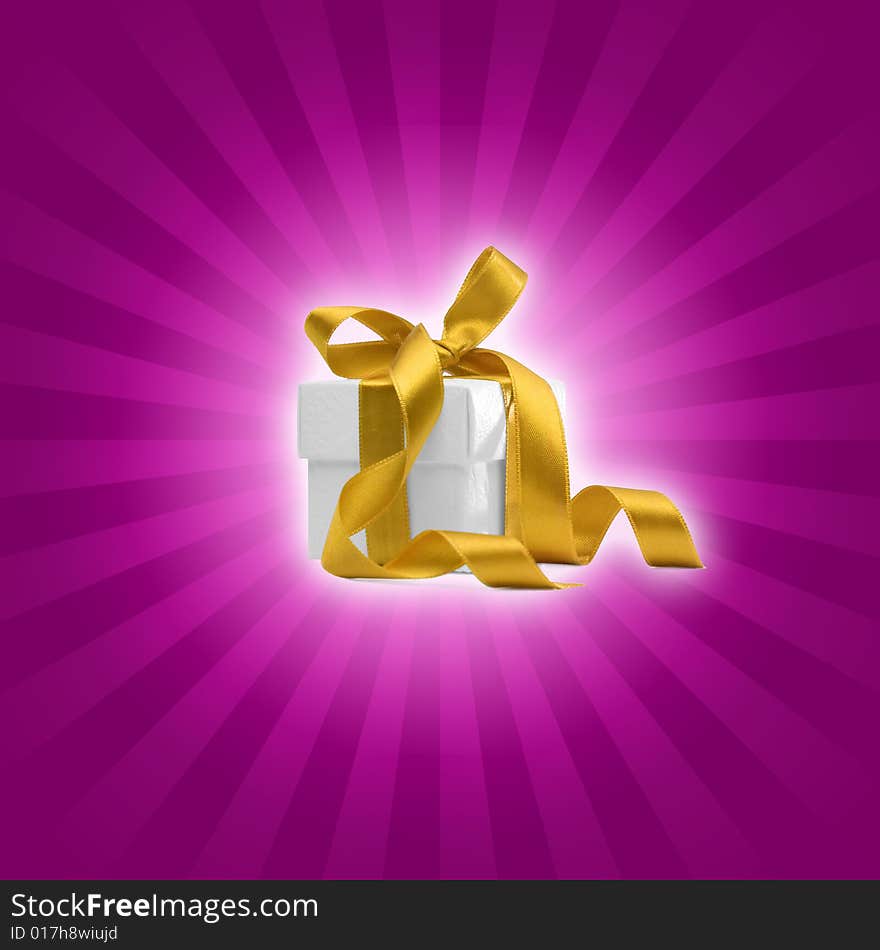 Present box with yellow ribbon and purple background. Present box with yellow ribbon and purple background