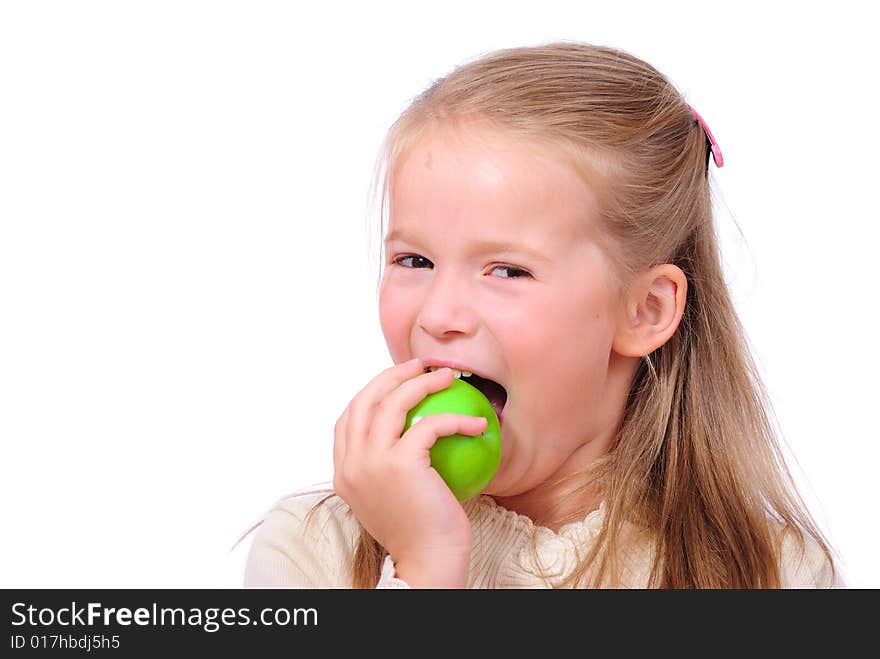 Little girl with juicy green apple. Little girl with juicy green apple