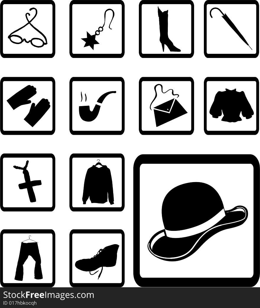 Set icons - 85B. Clothing and shoes. Fashionable clothing, shoes, hats, jewelry and accessories.