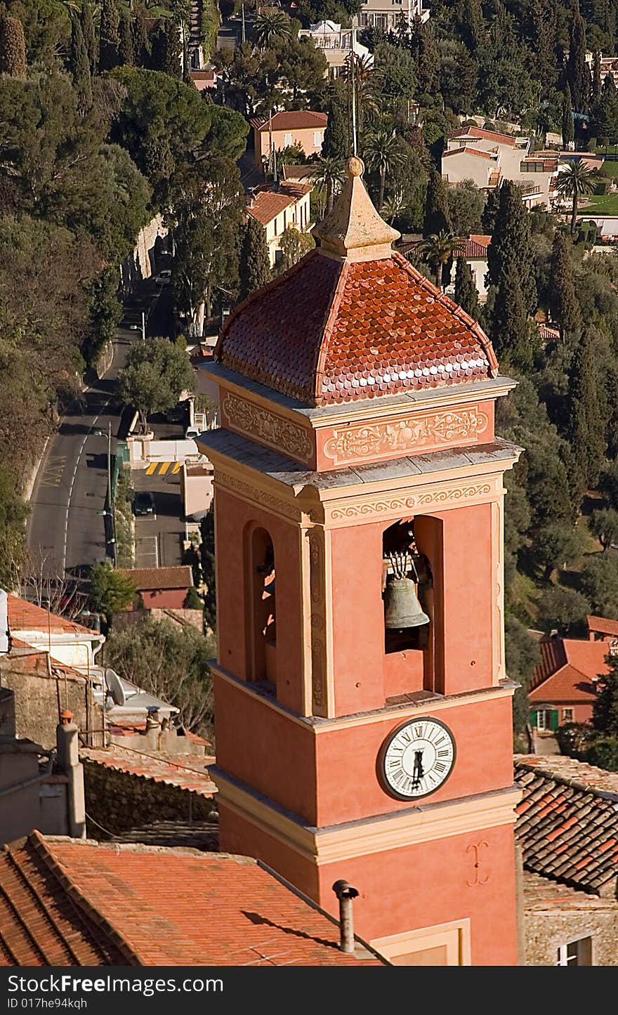 Tower over looking Venazza, Italy with clock and bell. Tower over looking Venazza, Italy with clock and bell.