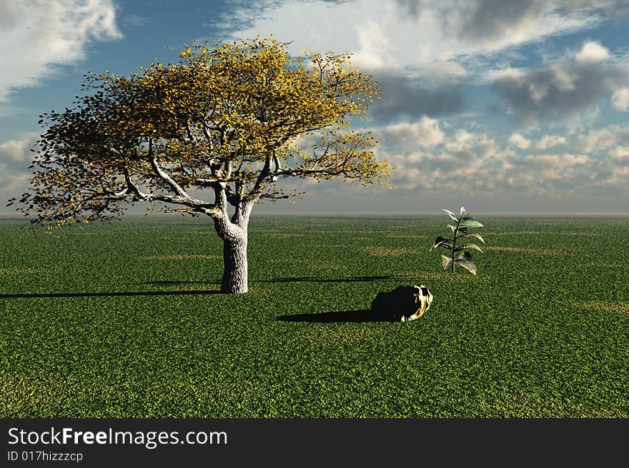 An illustration of a peaceful setting with tree and plant. An illustration of a peaceful setting with tree and plant.