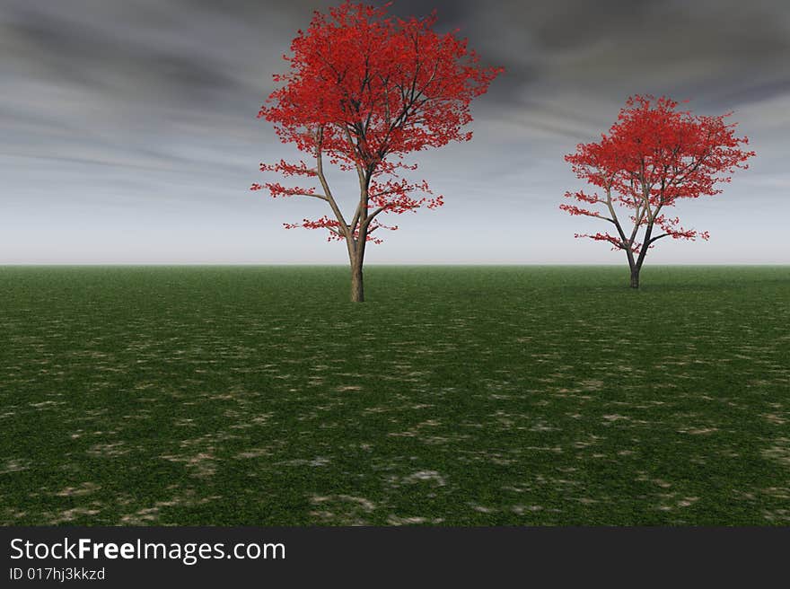 Illustration of two brightly colored trees in a meadow or field. Illustration of two brightly colored trees in a meadow or field.