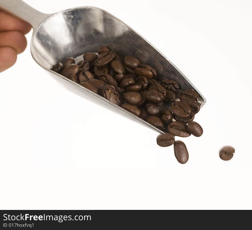 Coffee beans falling from silver shovel set against white background