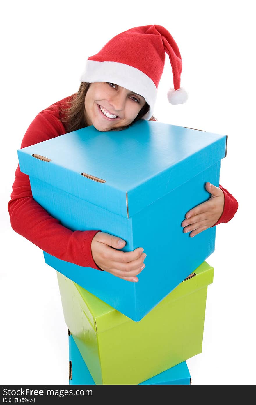 Christmas concept with young santa woman holding giant blue present box isolated on white background