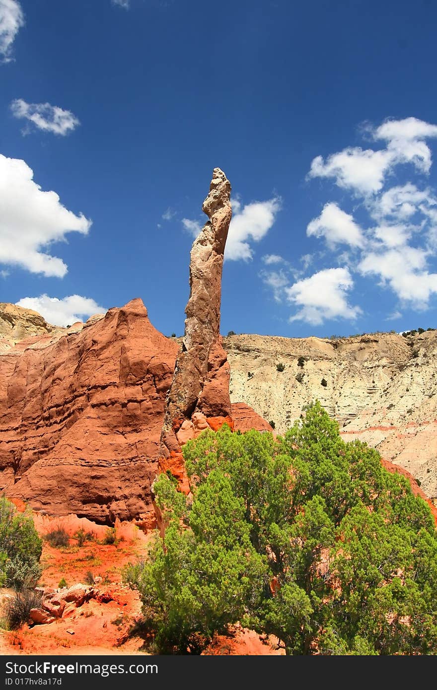 View of the red rock formations in Kodachrome Basin with blue skys and clouds