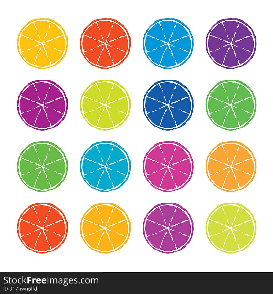 Illustration of orange slices in different colours. Illustration of orange slices in different colours