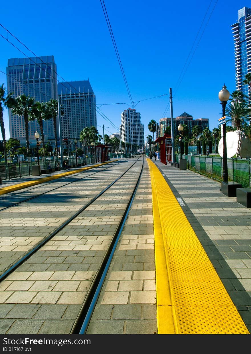 Trolley track with yellow line