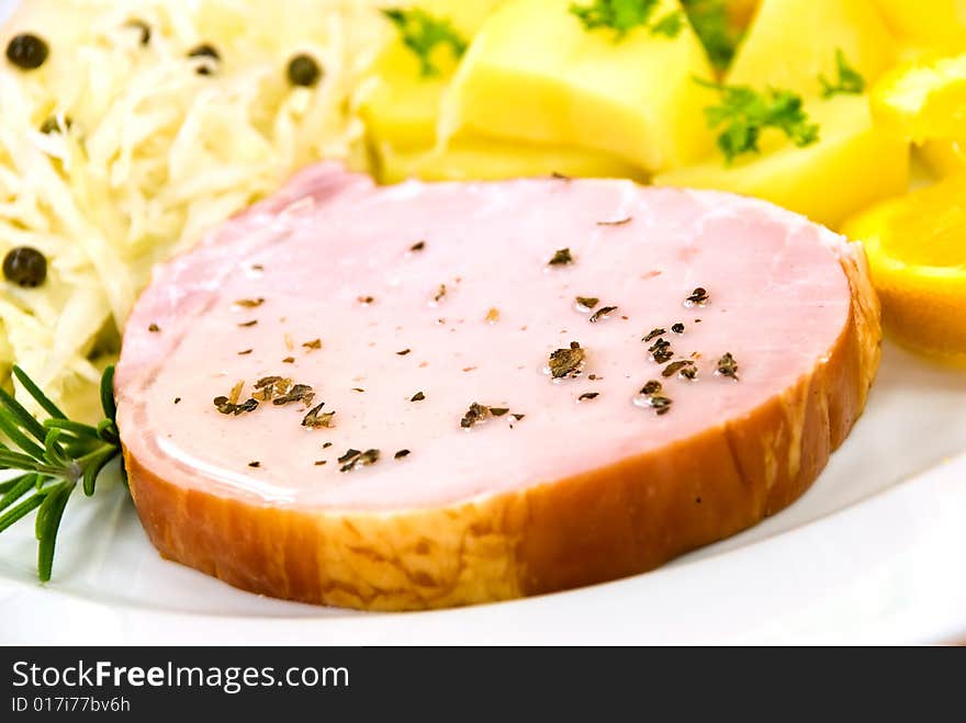 Smoked Ham With Cabbage And Boiled Potatoes.