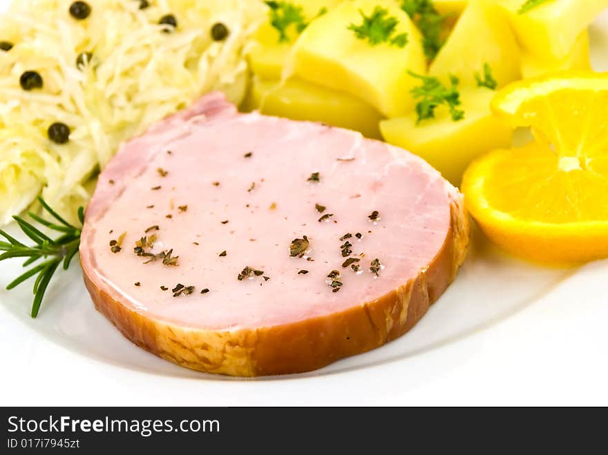 Smoked Ham With Cabbage And Boiled Potatoes