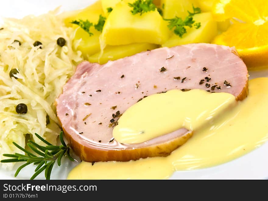 Smoked Ham With Cabbage And Boiled Potatoes.