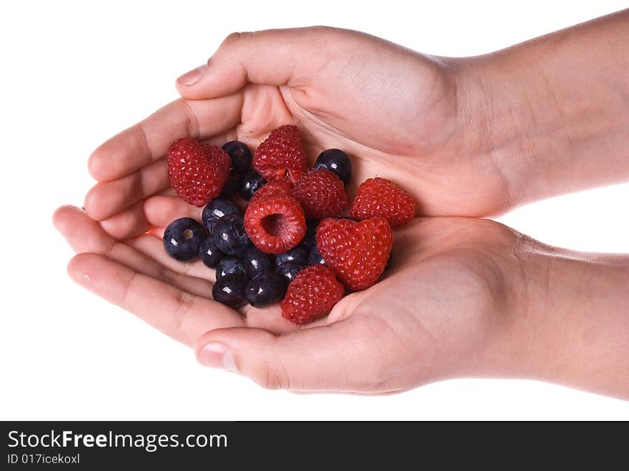 Mixed delicious fresh organic blueberries raspberries in two cupped hands. Mixed delicious fresh organic blueberries raspberries in two cupped hands