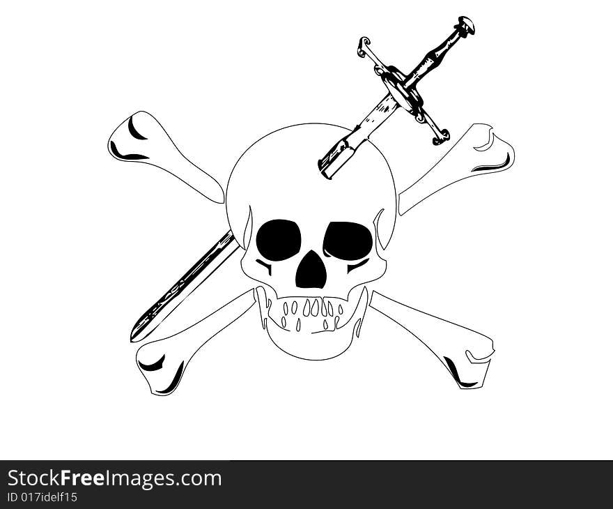 Skull with a sword in head isolated on white background