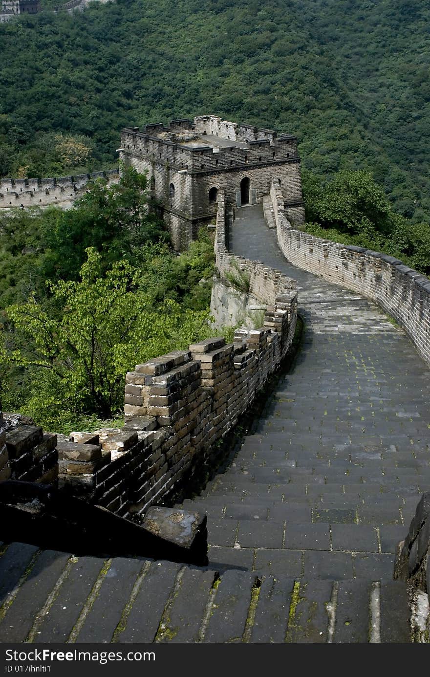 A section of the great wall with a watchtower. A section of the great wall with a watchtower