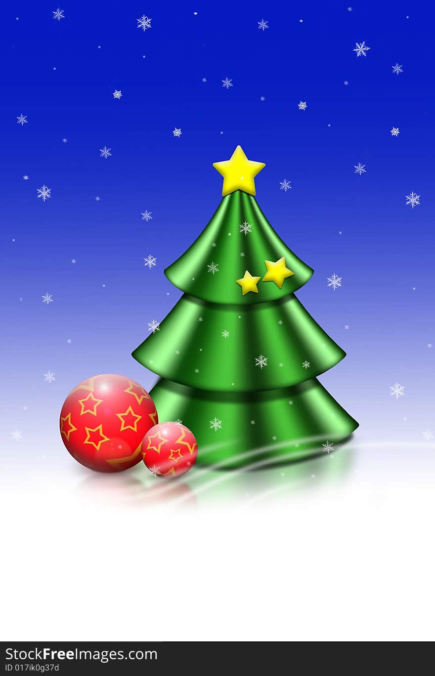 Christmas Tree with a Christmas Ball and Christmas Star on a blue/white