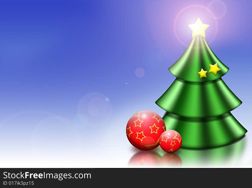 Christmas Tree with a Christmas Ball and Christmas Star on a blue/white