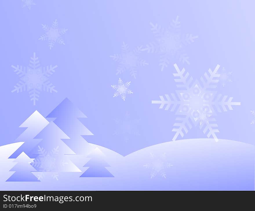 Graphic illustration of blue gradient snowy winter day with trees and falling snowflakes. Graphic illustration of blue gradient snowy winter day with trees and falling snowflakes.