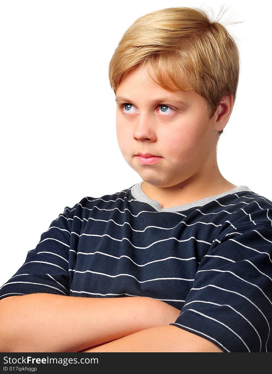 Photo of young boy thinking, on white background