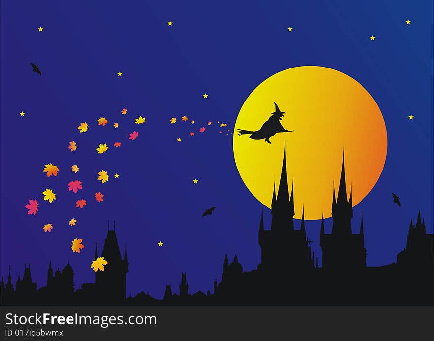 Halloween in gothic town.Silhouette of old Prague was used for creating this illustration