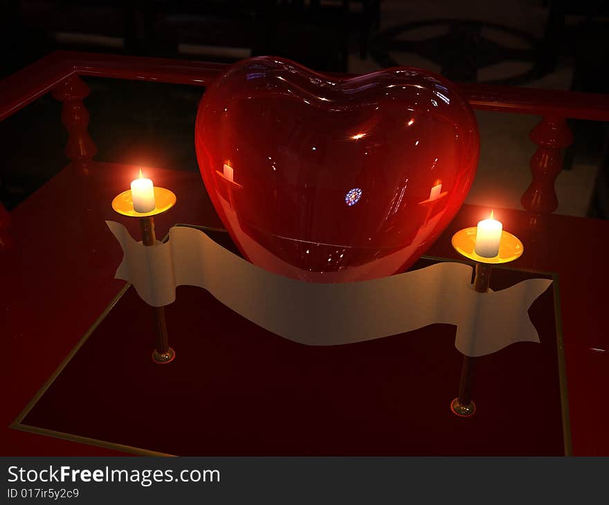 Crystal heart with candles in the church. Crystal heart with candles in the church