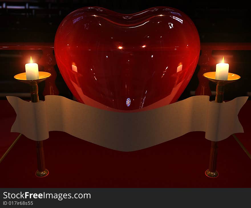 Crystal heart with candles in the church. Crystal heart with candles in the church