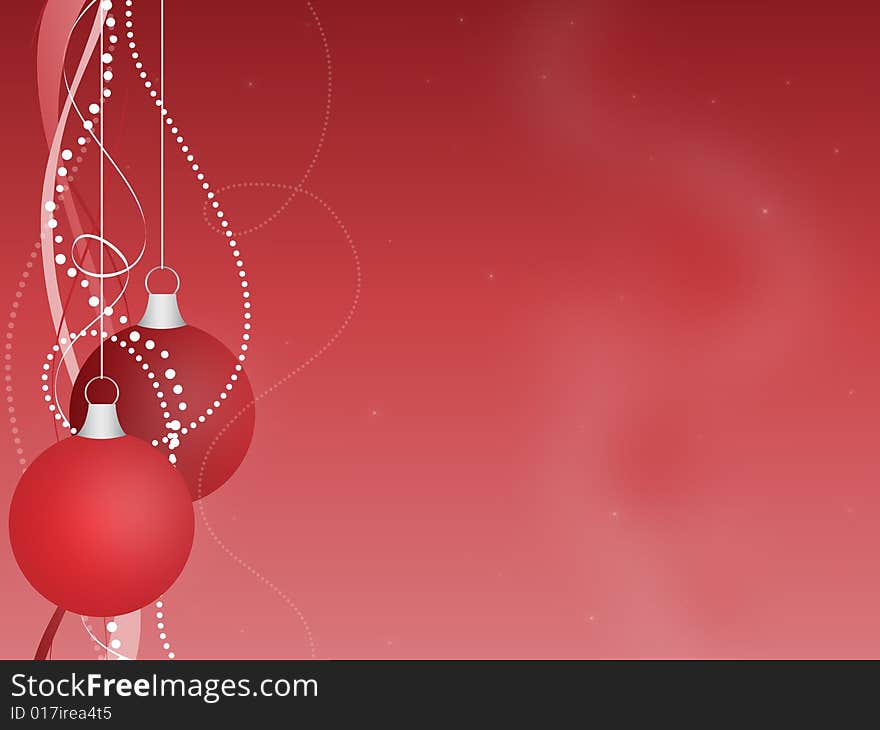 Graphic illustration of red Christmas ornaments hanging with ribbons and beads against a gradient background. Graphic illustration of red Christmas ornaments hanging with ribbons and beads against a gradient background.