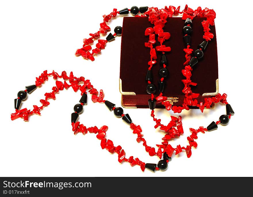 Coral Red And Black Beads (necklace) And Chest.