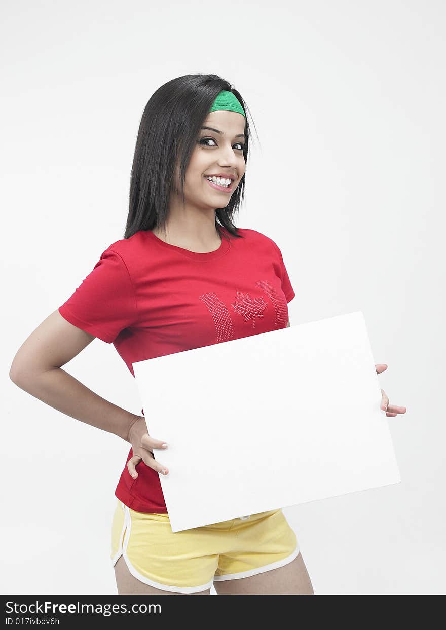 Asian girl holding a white placard. Asian girl holding a white placard