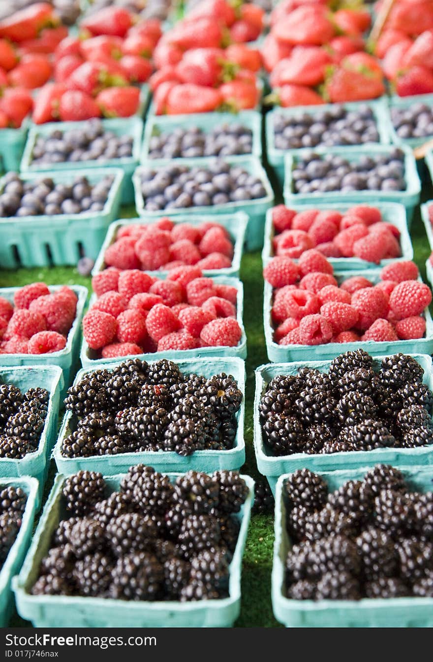 Baskets of blackberries, raspberries, blueberries, and strawberries at a local farmers market. Baskets of blackberries, raspberries, blueberries, and strawberries at a local farmers market