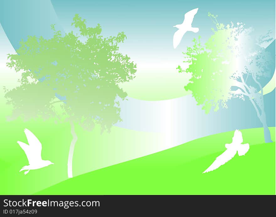 Green background with trees and birds