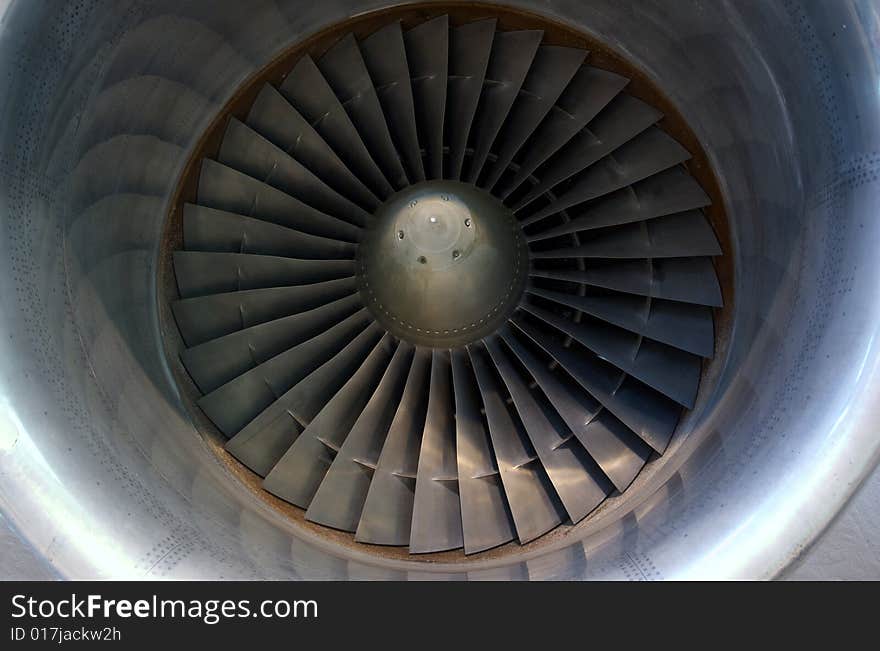 The front of a high bypass turbofan aircraft engine