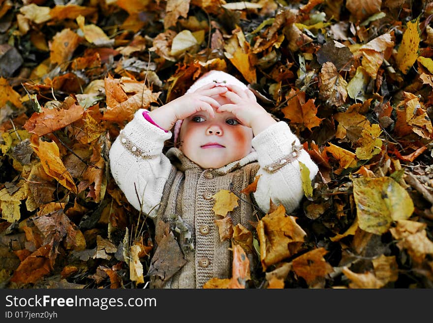 A little child playing in yellow maple leaves. A little child playing in yellow maple leaves