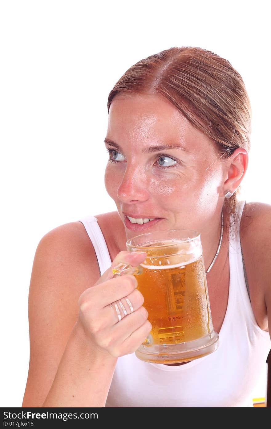 Beatifull woman with beer on white